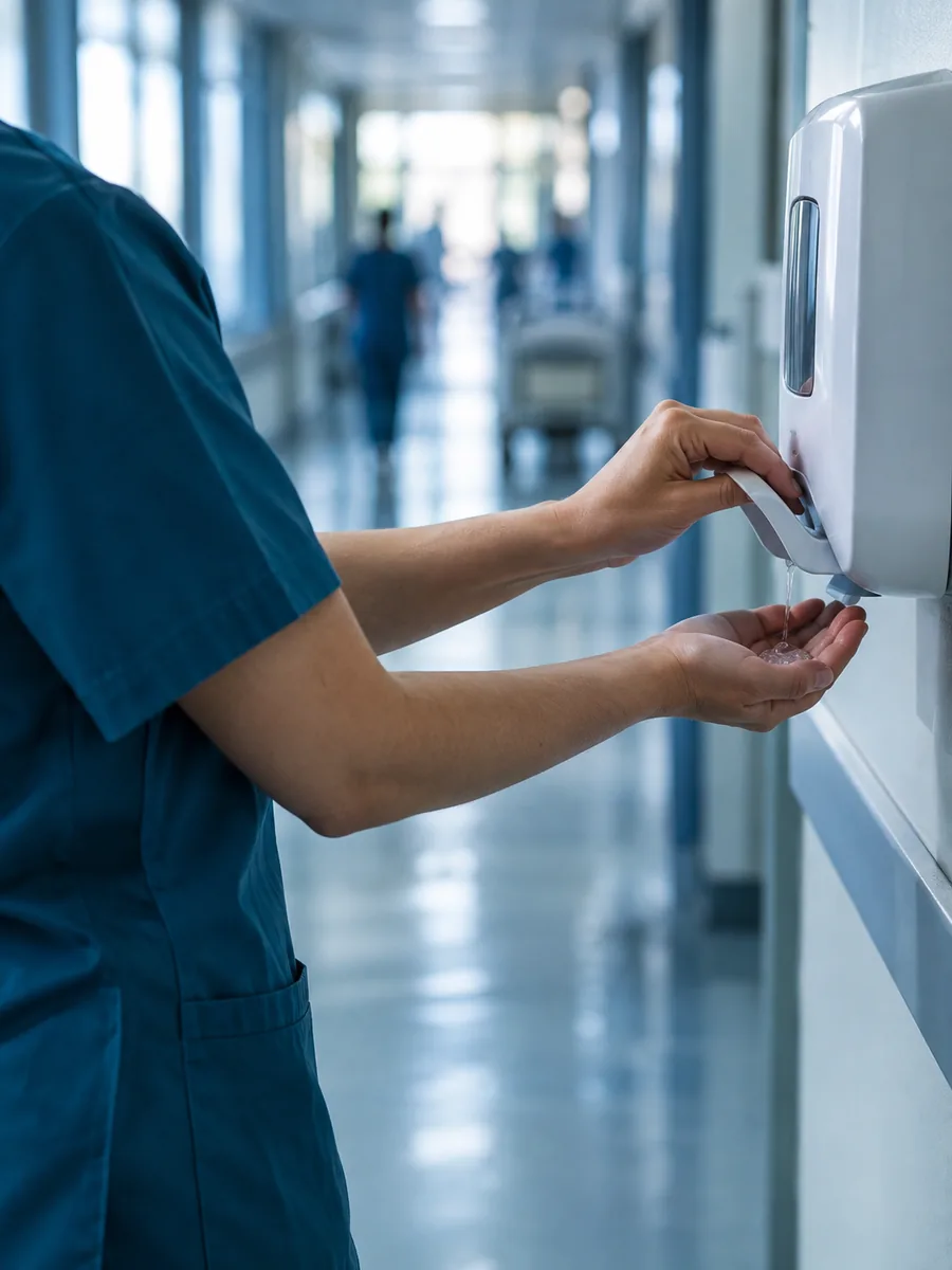 Profesional de salud aplicando alcohol gel en un dispensador de pared en un pasillo hospitalario