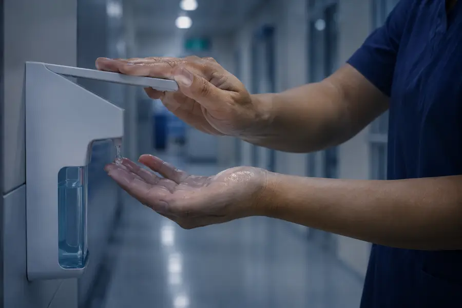 Higiene de manos con alcohol gel en un pasillo hospitalario